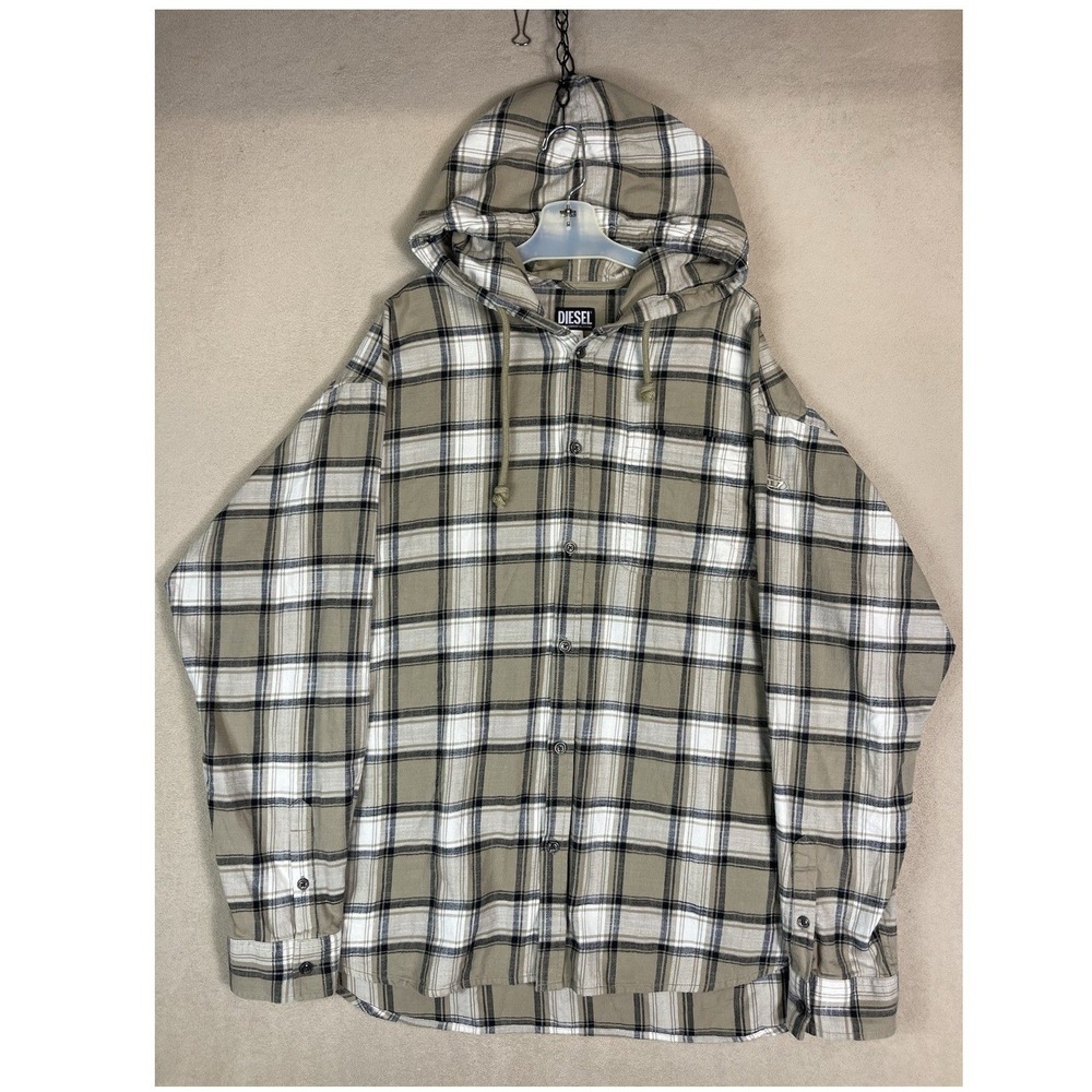 Diesel Hooded Shirt Mens 50 S-DEWNY-HOOD Tan Plaid Button Down EUC